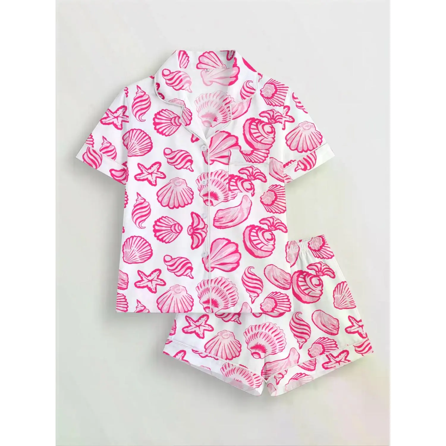 Women's Sea Shell Print Pajama Set, Short Sleeve Button-Up Top & Elastic Waist Shorts, Casual All-Season Loungewear Sleepwear