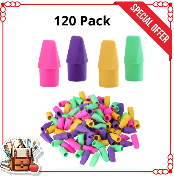 Back to School Pencil Top Erasers, 120 Count Latex-Free Erasers, Precise No-Smudge Erasing for Students & Teachers