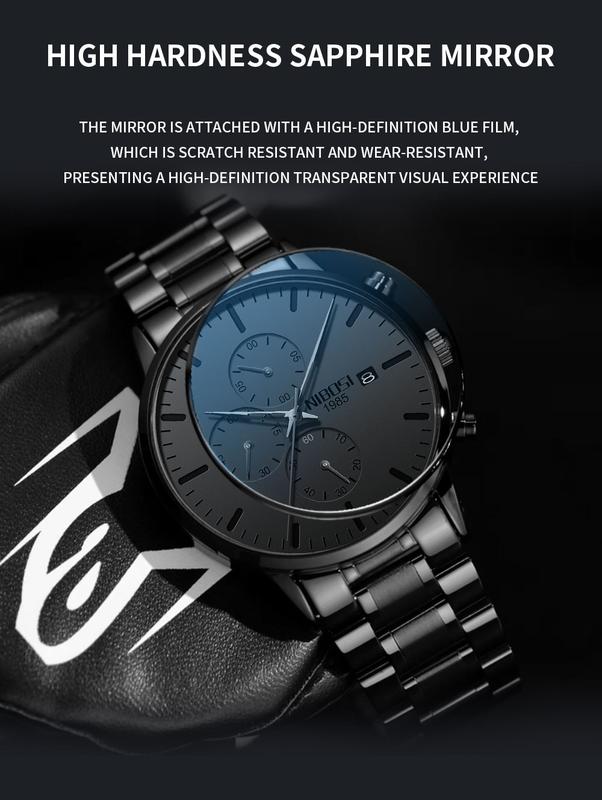 【Clearance sale】NIBOSI Men's Watches Analog Minimalist Black Dial Watches for Men Business Chronograph Military Casual Wrist Watches Stainless Steel Strap Date