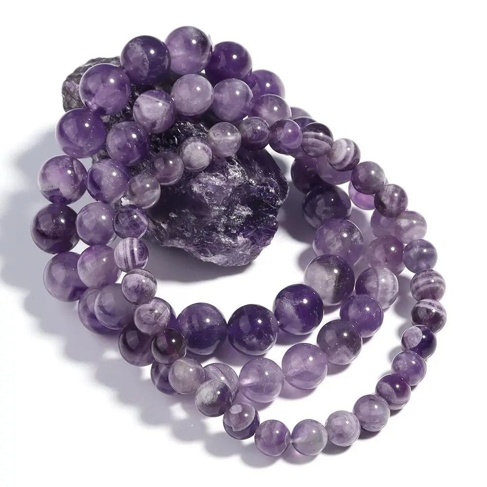 Female Minimalist 6mm Dream Amethyst Round Beaded Bracelet - Hand-Strung Natural Chevron Amethyst, Stretch Beading Bracelet for Adult Crystal Jewelry Lovers, Easy to Slip On