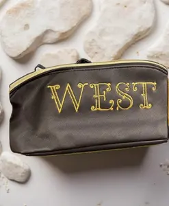 Custom Name Diagonal Zipper Cosmetic Bag - Black with Gold Accents and Durable Handle for Travel