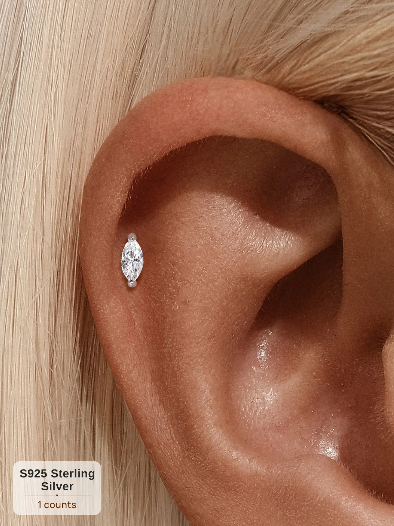 1PC Platinum-Plated S925 Sterling Silver Classic Marquise-Cut Moissanite Stud Earrings — Hypoallergenic Material, Suitable for Cartilage Piercings. Ideal for Holiday Gifts, Wedding Accessories, and Daily Wear, Fashion Earring, Earrings Jewelry