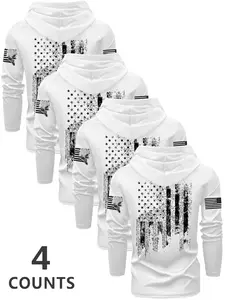 Men's Graphic Hooded Long Sleeve T-Shirt Set, Casual Outdoor Wear for Spring & Fall, Fitted Moderate Fabric, 4-Piece Pack