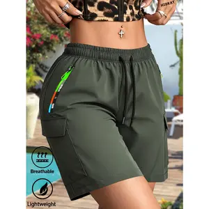 Women'S Summer Thin Breathable Multi-Pocket Shorts, Elastic Waist Drawstring Design, Large Patch Pockets on Both Sides, Fashionable Zipper Pocket Cargo Pants, Suitable for Beach Daily Leisure Outdoor Work Wear