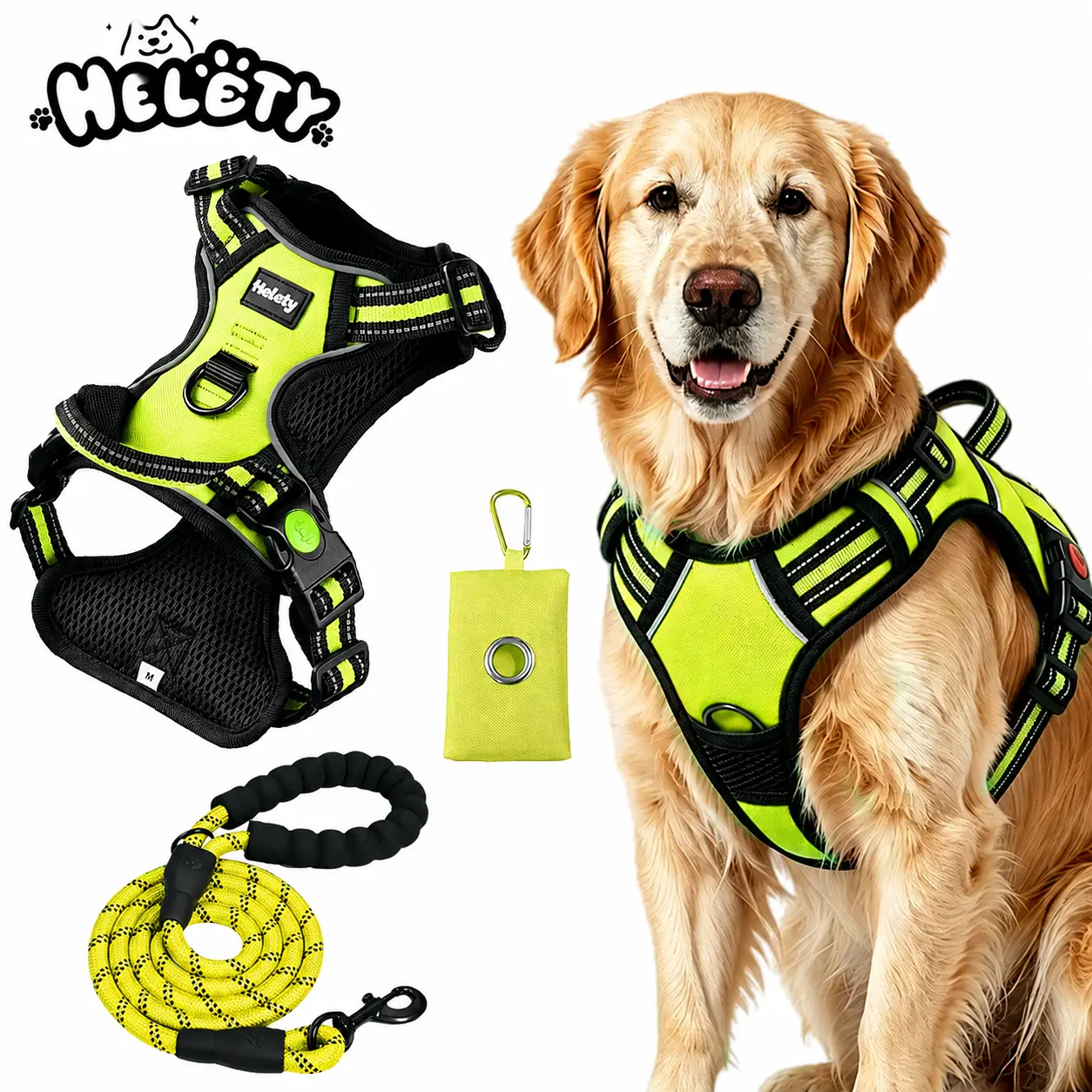 HELETY 3-Piece   and  Set, Adjustable Breathable Vest  with Padded Handle Rope  and Poop Bag Holder, Green escape proof cat  traction universal small medium large cat electro cution er Heavy Duty Tactical  Collar leather reflective dog leash pet safety
