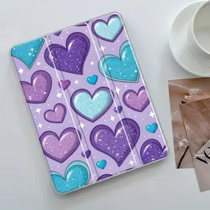 Y2K Kawaii Glitter Purple Turquoise Heart Tri-Fold Stand Case for iPad, Transparent Acrylic Hard Back,Pencil and Charger Slots, Ultra-Thin Scratch-Resistant Design for iPad 10.2inch, Mini, Pro, Air, Ideal for Work and School