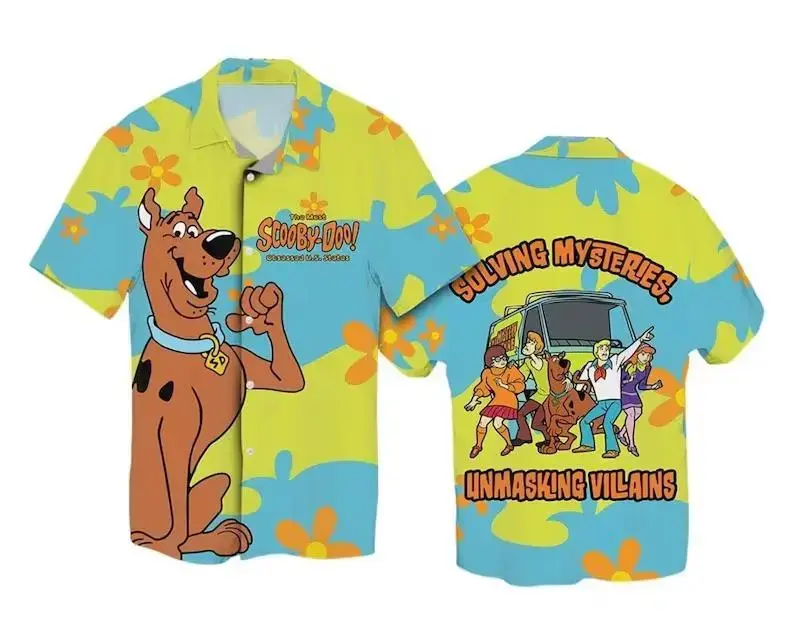 Scooby Doo Solving Mysteries Unmasking Villains Groovy Floral Hawaiian Shirt Fan Merch Streetwear Casual Loose Comfortable Spring Summer Fall Gym Sports Retro Cartoon Lover Nostalgic Gift Buttondown Top, Girf for Son and Daughter
