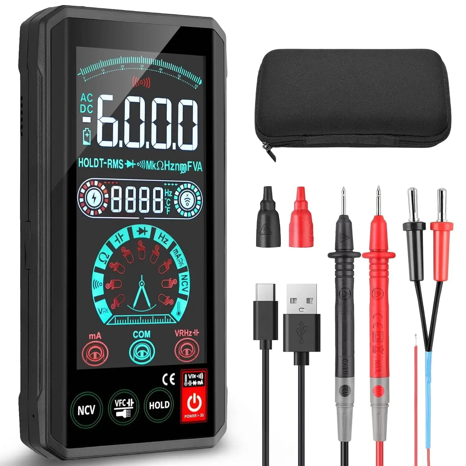 Digital Smart Multimeter Touch Screen USB Rechargeable Tester 6000 Counts Large Display with Capacitance Ac/Dc Voltmeter Resistance NCV Temperature TR