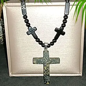 Bead Chain Chakra Aura Spirit Metaphysical Mystical Magical Healing Black Diorite Cross Crystal Pendant Necklace