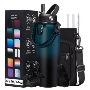 Vacuum Insulated Water Bottle 32oz 40oz 64oz 128oz with Straw & Spout Lids, Paracord Handle, Shoulder Carrier Bag, Sport Gallon Stainless Steel , Double-wall Metal Water Bottle Hydro Mug Flask