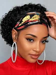 6 Inches Pixie Cut Wigs with Headband, Curly Human Hair Short Pixie Headband Wigs for Women, Stylish and Versatile Hairstyle, Curly Bob Wigs