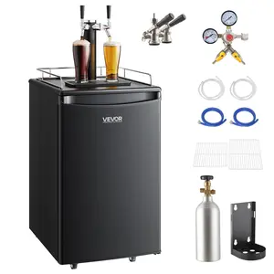 Full Size Dual Tap Draft Beer Kegerator Refrigerator - Black, with CO2 Cylinder, Shelves, Drip Tray Rail, 32F-50F Temperature Control, Holds 1/6, 1/4, 1/2 Barrels