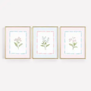 Floral Print Set of 3, Pastel Flower Wall Art, Wildflower Nursery Prints, Pink & Blue Girls Bedroom Decor, Nursery Decor | Frameless Poster H