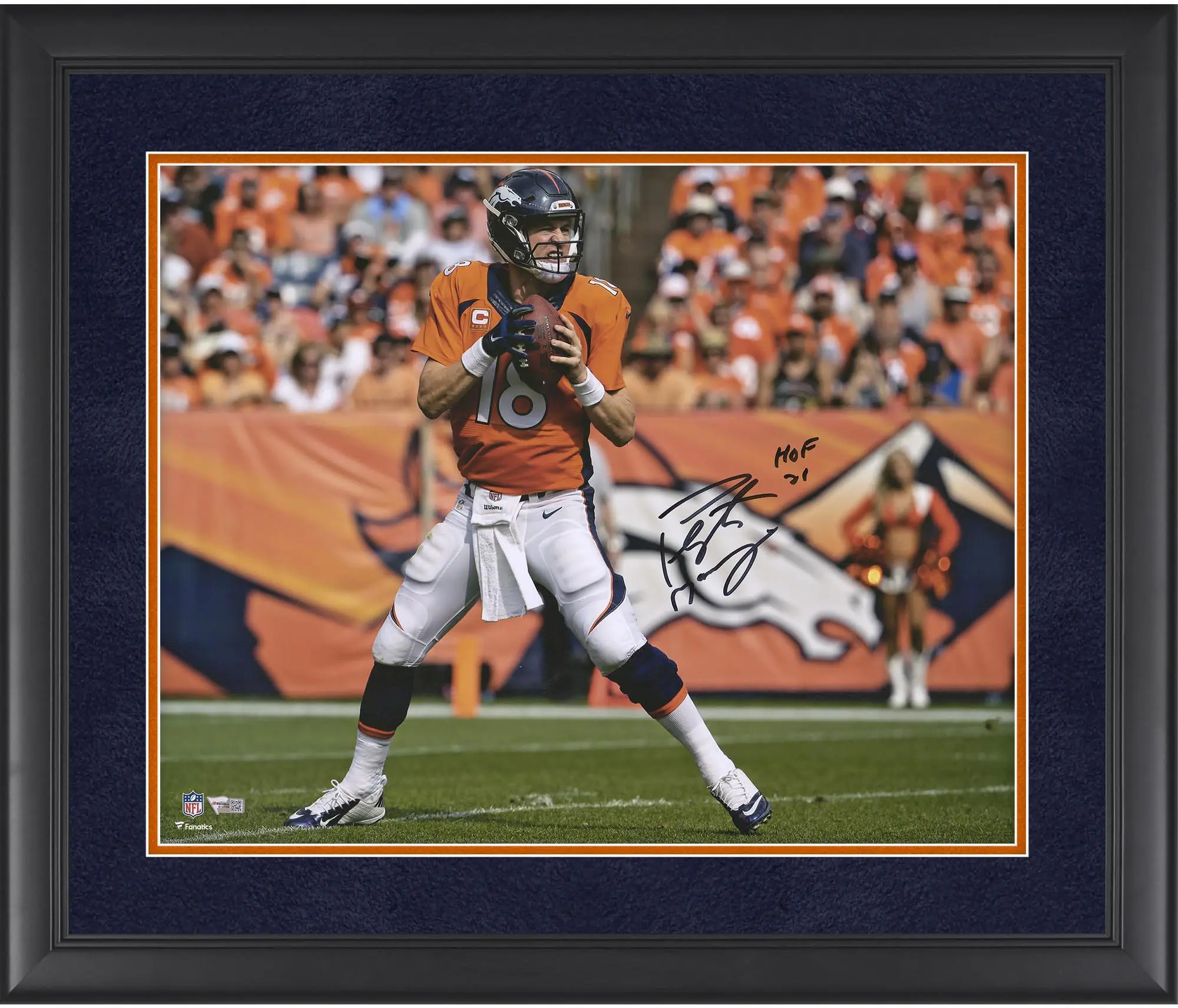 Peyton Manning Denver Broncos Deluxe Framed Autographed 16" x 20" Action Photograph with "HOF 21" Inscription - Fanatics Authentic Certified