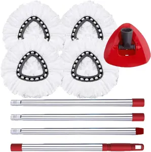 Spin Mop Replace Head, Base, Handle Compatible with O Cedar EasyWring Microfiber Spin Mop, 4 Mop Refills Replacement Heads, 30-58in Mop Handle and 1 Mop Base Combo Set (White (1-Tank System))