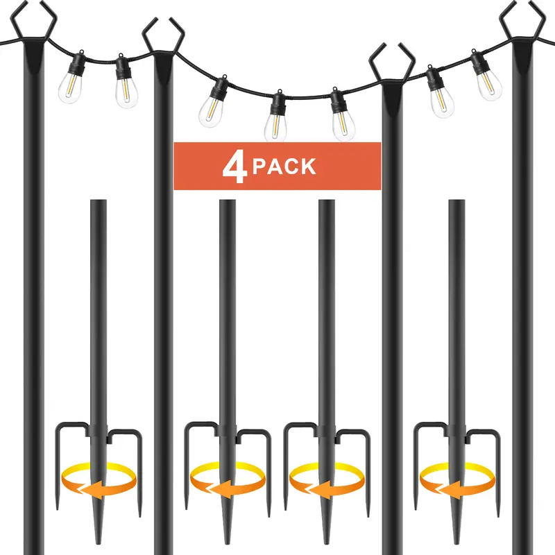 8Ft String Light Poles 2-8 Pack,Light Poles for Outside Lights,Outdoor with Fence Brackets Hanging Lights,Metal Stand Deck Patio Backyard