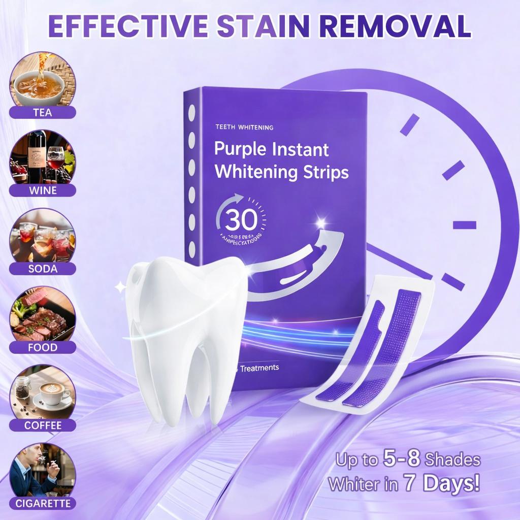 Purple Teeth Whitening Strips– 56/42/28/14 Pairs, Peroxide-Free, Enamel-Safe for Sensitive Teeth, Deep Stain Removal for Coffee & Smoking, Non-Slip Residue-Free, Whitening & Color Correction, Daily & Travel Dental Care