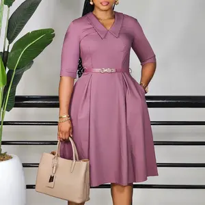 Summer Autumn Clothes Elegant Office Ladies Dresses for Woman   Turn Down Collar Short Sleeve Pleated Mid Calf Professional Business Work Dress
