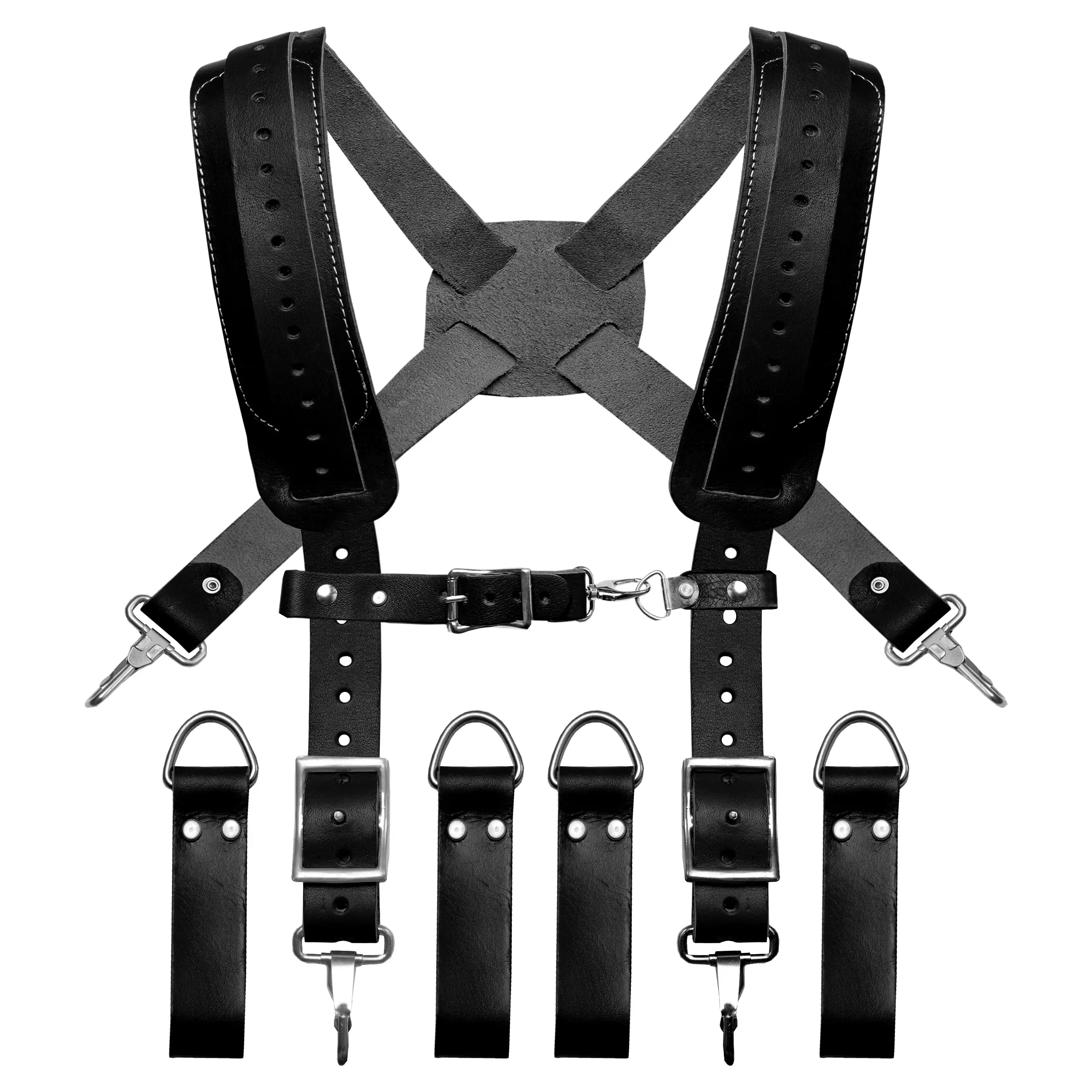 FUERI Adjustable Leather Tool Belt Suspenders - Detachable Mesh Foam-Padded Shoulder Straps, Heavy-Duty Stainless Steel Loops, Weight-Distributing Reinforced Design for Carpenters to Access Essential Tools