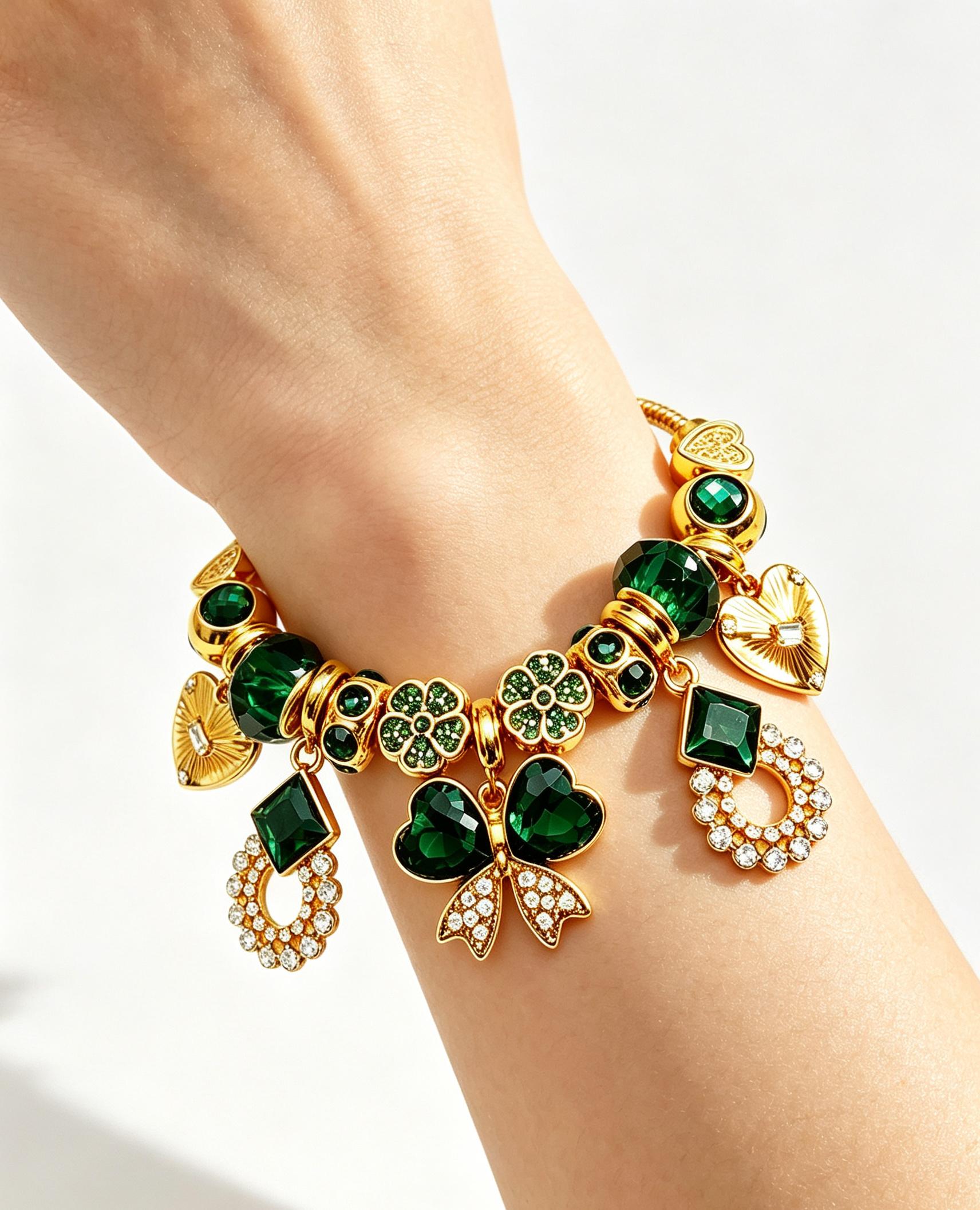 Women's Gold-Plated Charm Bracelet - Emerald Green Crystal 4-Leaf Clover, Heart, Bow Pendant Beaded Bracelet, Elegant Vintage Costume Jewelry Gift for Women