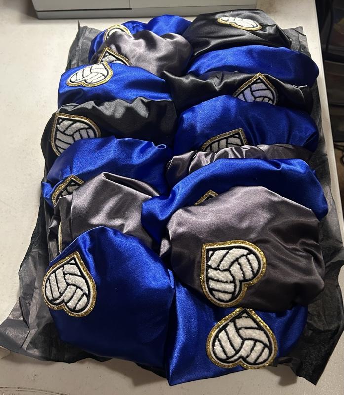 Customized Satin Bonnets can include: names, initials, patches, and combo sets.