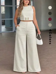 Women's Solid Color Loose Sleeveless Round Neck Top Wide Leg Pants Set, Summer Casual Peach Elastic Waist Straight Leg Pants Set, Luxurious Style Womenswear