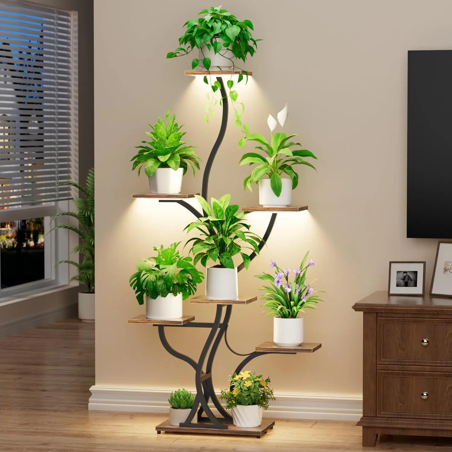 59" Tall Sturdy 7-Tier Reinforced Steel Corner Garden Pot Stand - Adjustable Grow Lights Shelf, 20lb Capacity, Cascading Green Display Rack with Twisted Branches, Vertical Space Saver for Living Room, Patio Decor (Incl. Visual Manual)