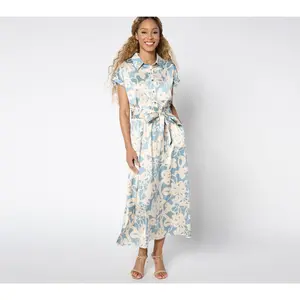 Susan Graver Reg Printed Stretch Charmeuse Midi Dress Belted