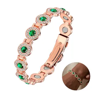 Rose Gold Women Magnetic Therapy Bracelet, Luxury Halo Round Full Paved Crystals Single Row Watch Clasp Anti-Static Alloy Bracelet, Adjustable Elegant Jewelry Gift For Her