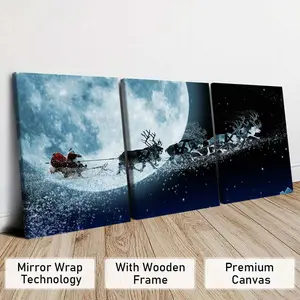 3-Piece Modern Art Canvas Prints, Santa & Reindeer Under Moonlight, Christmas Decor Posters, High-Quality Wall Art, Ideal Gift, Home Decor Products