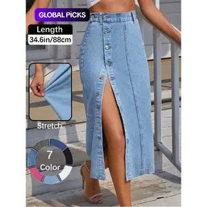 OBlue Jeans Women's  Button Front Light Wash Denim Split Hem Skirt, Casual Fashion Fitted Skirt for Daily Wear, Ladies Bottoms for All Seasons, Button Fly Skirt, T-Chic