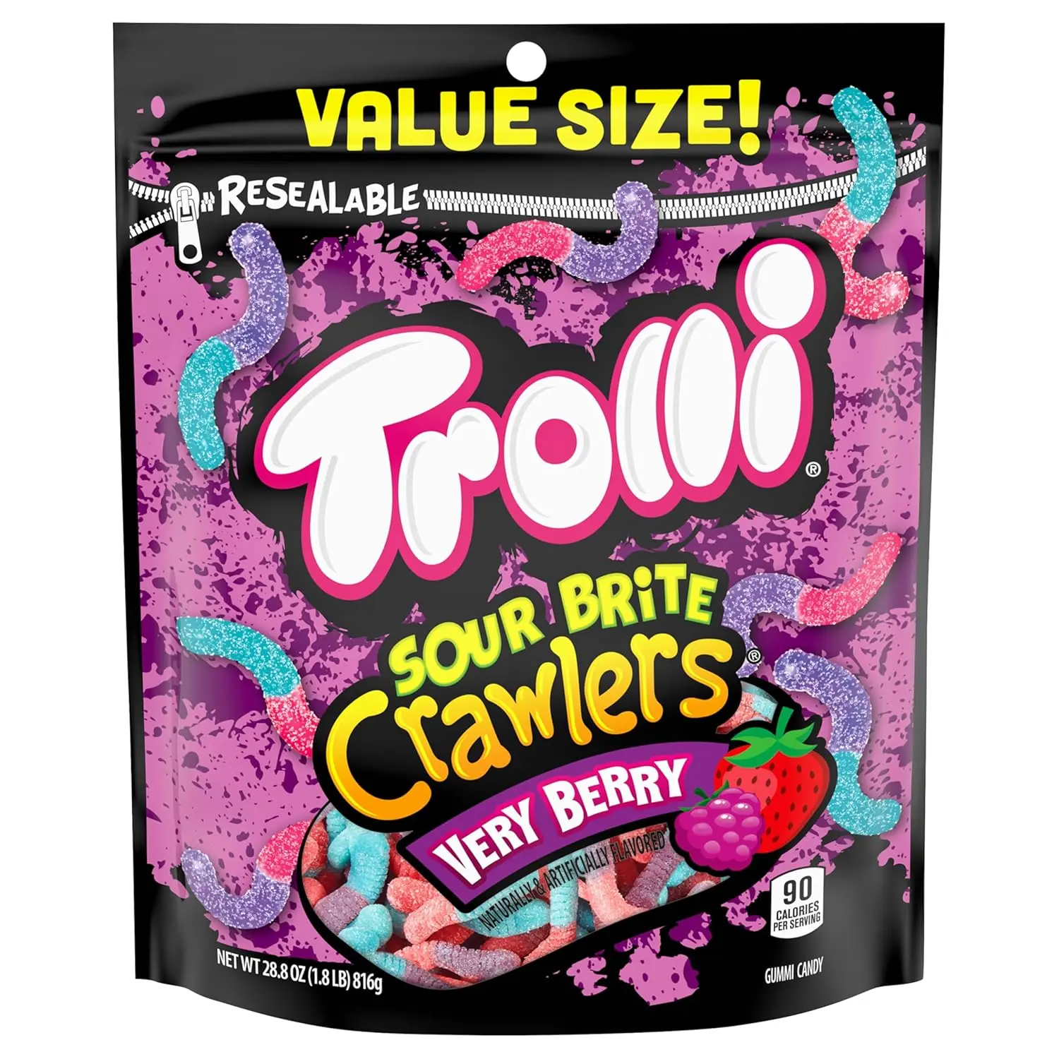 Trolli Sour Brite Crawlers Very Berry Chewy Soft Candies, 28.8 oz Resealable Bag, Gelatin-Sodium Citrate-Red 40 Sweet & Sour Strawberry-Infused Multi-Flavored Gummy Worms for Candy Lovers, Party Snacks, Late Night Sweet Treat Cupboards