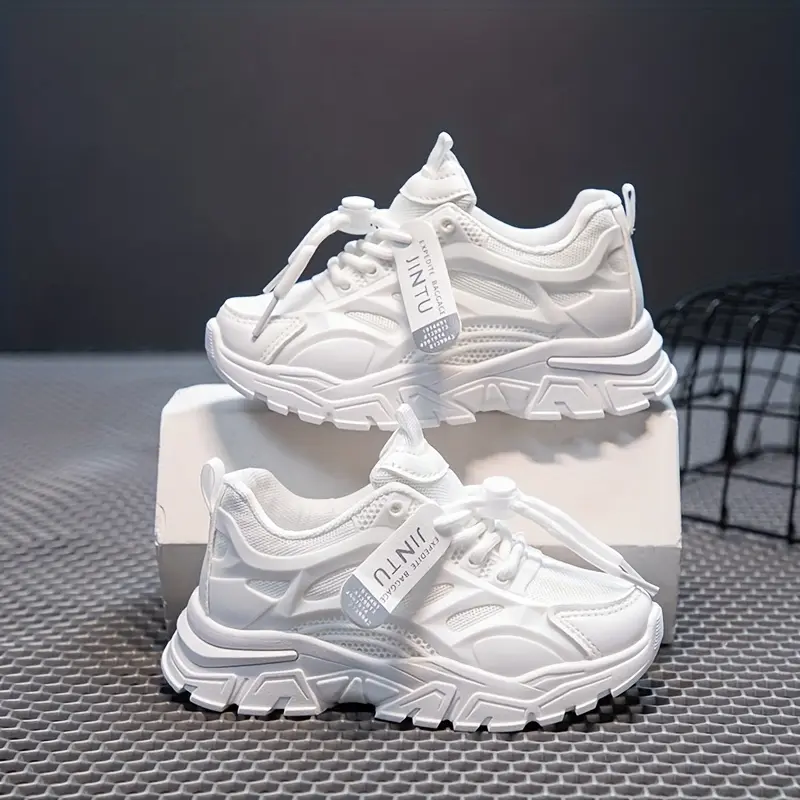 Girls' DINNI Trendy Trainers - Kids' Low-Top Solid White Chunky Sneakers, Rubber Soft Sole, Breathable Upper, Elastic Laces, Tassel Accents, Round Toe, for Spring & Summer Casual Wear
