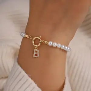 14K Gold/Silver Plated Copper CZ Zircon Initial Bracelet, 26 Letter Alphabet Charm, Simulated Pearl Beaded Chain, Adjustable Dainty Personalized Name Bracelets for Women Girls, Fashion Trendy Gift Jewelry for Birthday Anniversary Party MINAR