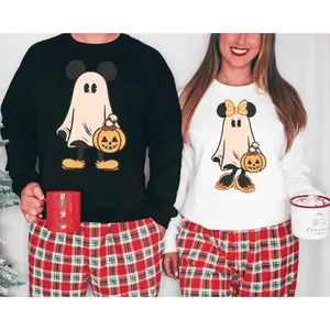 Mickey and Minnie Halloween Couple Shirt,Magical Land Husband Wife Matching Shirts,Halloween Couples Sweater,Mickey Ghost Minnie Ghost Shirt Cotton Sweater And Best Hoodie