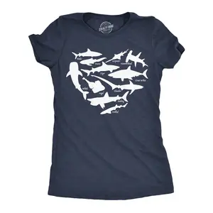 Womens Funny T Shirts Shark Types Heart Sarcastic Ocean Lover Tee For Ladies Funny Womens T Shirts Cute Vintage Fashion Casual Ladies T-Shirt Gift Shark Tops for Women Funny Animal Top Women's Novelty Tees Navy -