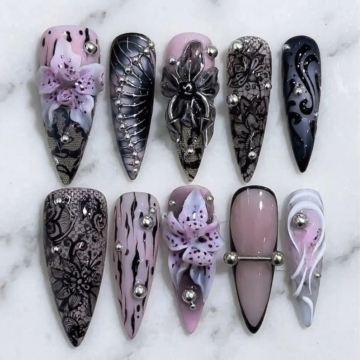 Gothic Lily Press-On Nails Set - Black Lace 3D Floral Dark Coquette Gothic Glam Alternative Manicure (Beauty & Personal Care Nail Art Decoration Accessory)