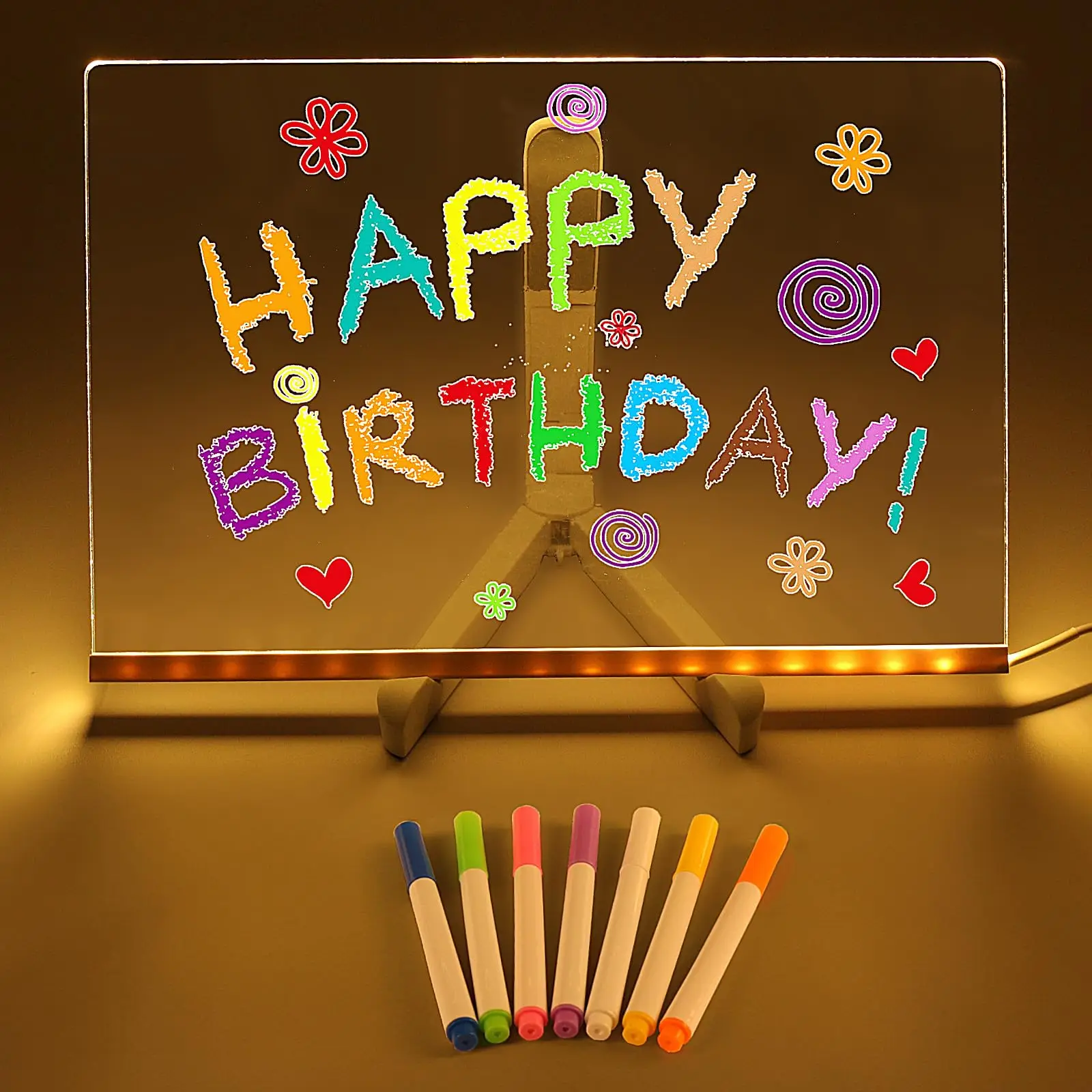 Board Light, LightUp Drawing Board with 7 Colorful Pens, USB Power, LED Light Creative Rewritable Night Scene Board Ideal for Desktop and Office Use