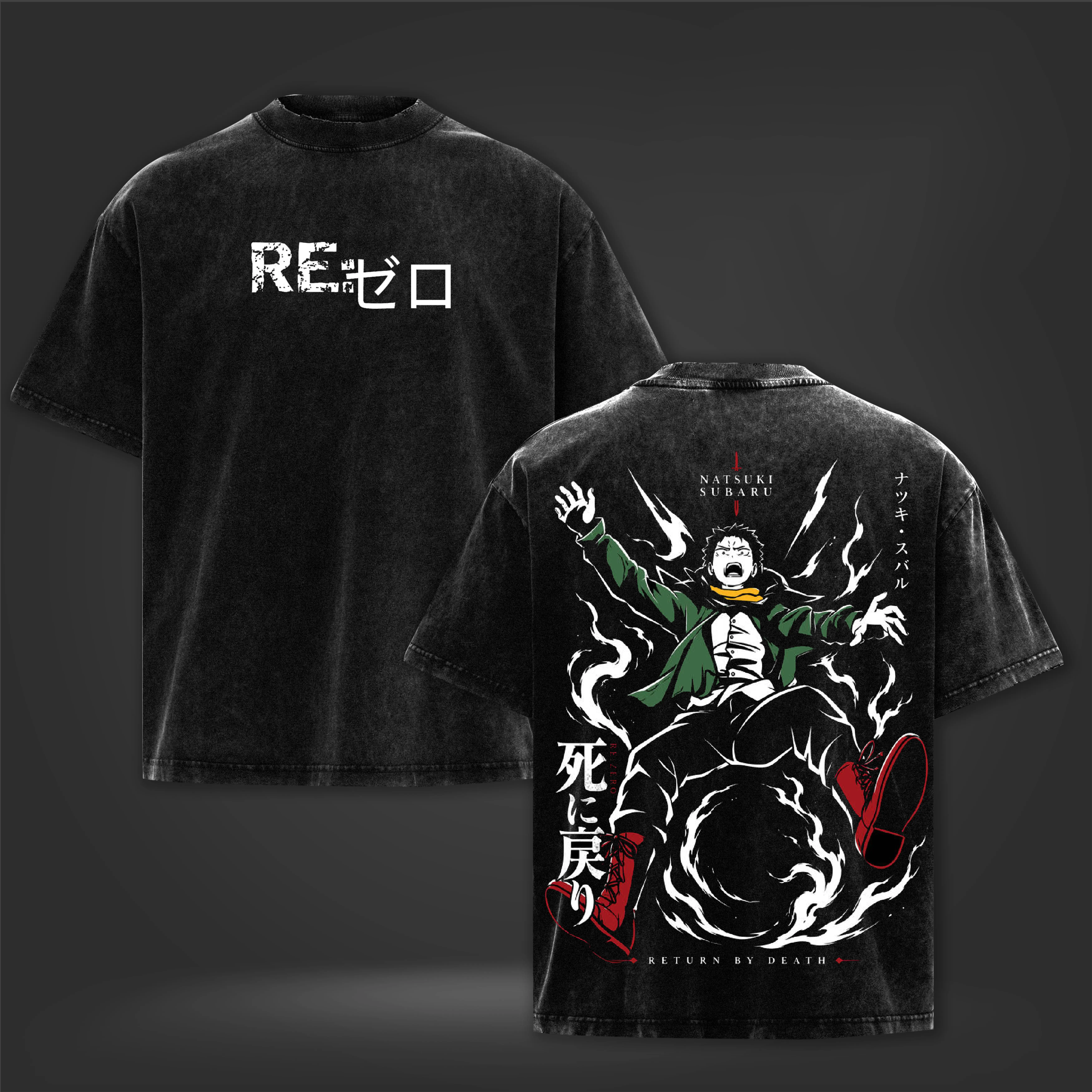 Re:Zero Natsuki Subaru Return by Death Vintage Washed Black Oversized T-Shirt, Front and Back Anime Streetwear Graphic Tee