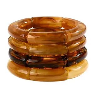 Women's 4-Piece Chunky Acrylic Bangle Bracelets - Resin Bamboo Brown, Stretchy, Stackable Non-Natural Crystal Jewelry Accessories