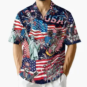 4th of July Skeleton Hawaiian Shirt, Patriotic Skeleton Aloha Shirt, USA Flag Button Down Shirt, Summer Shirt for Men