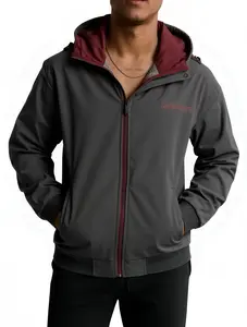 Men's Casual Sports Versatile Hooded Cardigan Composite Long Sleeve Knit Sweatshirt Jacket, Chest Red Embroidery, Adjustable Hood, Gray and Red Patchwork Design Comfortable and Breathable, Suitable for Outdoor Hiking, Tennis, Outdoor Running, Gym Fitness