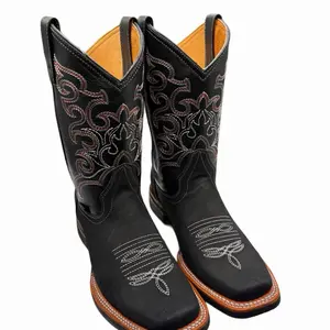 Black Rodeo Leather Square Toe Boots Embroidered Design– Suela Nova Botas Vaqueras Estilo 942