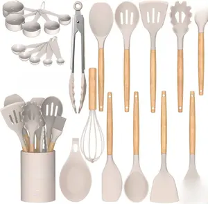 Kitchen Cooking Utensils Set, 33 pcs Non-Stick Silicone Cooking Kitchen Utensils Spatula Set with Holder, Wooden Handle Silicone Kitchen Gadgets Utensil Set (Khaki) Plastic Cookware Metal Nonstick Pasta Stainless Steel Sturdy