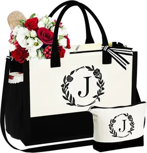 Gifts for Women - Initial Canvas Tote Bag Makeup Bag, Personalized Gifts for Women Mom Wife Teacher Friend Birthday