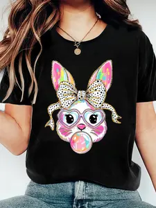 A Women'S Casual Round-Neck Easter T-Shirt Featuring a Cute Bunny Blowing Bubbles, with a Regular Fit And Slightly Stretchy Knit Fabric, Suitable for Year-Round Wear.