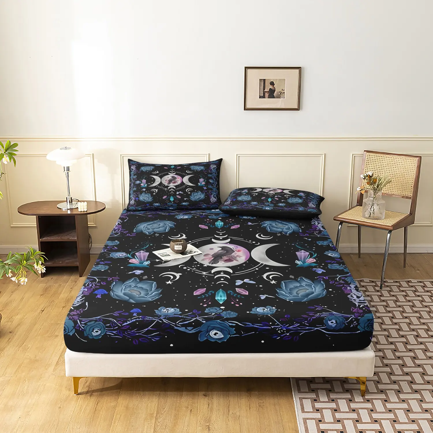 3Pcs Purple Blue Moon Phase Rose Crow Fitted Sheet Set, Gothic Witchy Floral Bed Sheets with Pillowcases, Dark Cottagecore Aesthetic Bedding Bed Sheet Sets, Decorative Bedsheet Sets Bed Linens (1 Fitted Sheet + 2 Pillowcase No Pillow)