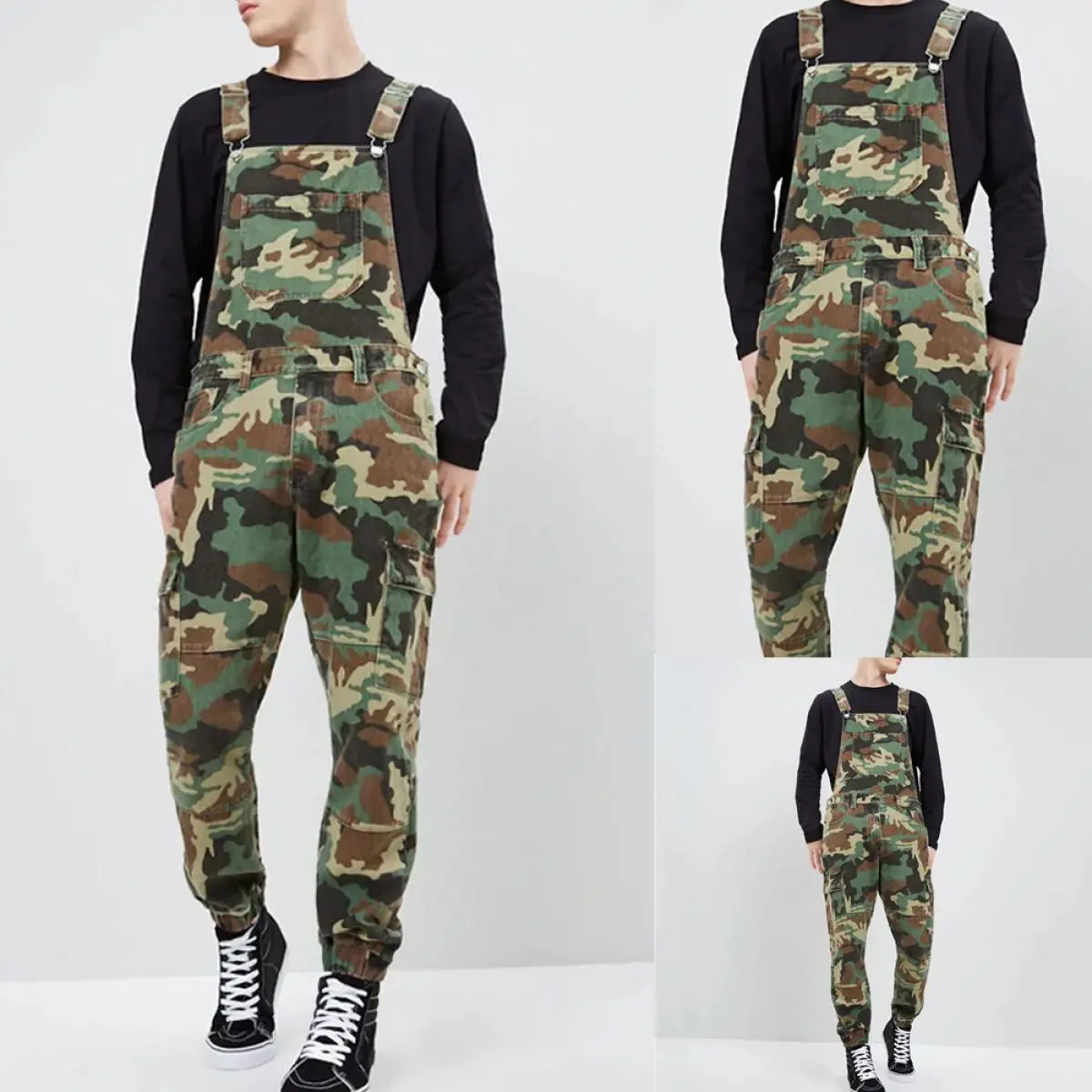 Men's Fashion Overalls, Europe and America Style Camouflage Urban Tactical Pants, Outdoor All-Seasons Casual Multi-Pocket Cargo Pants with Straps
