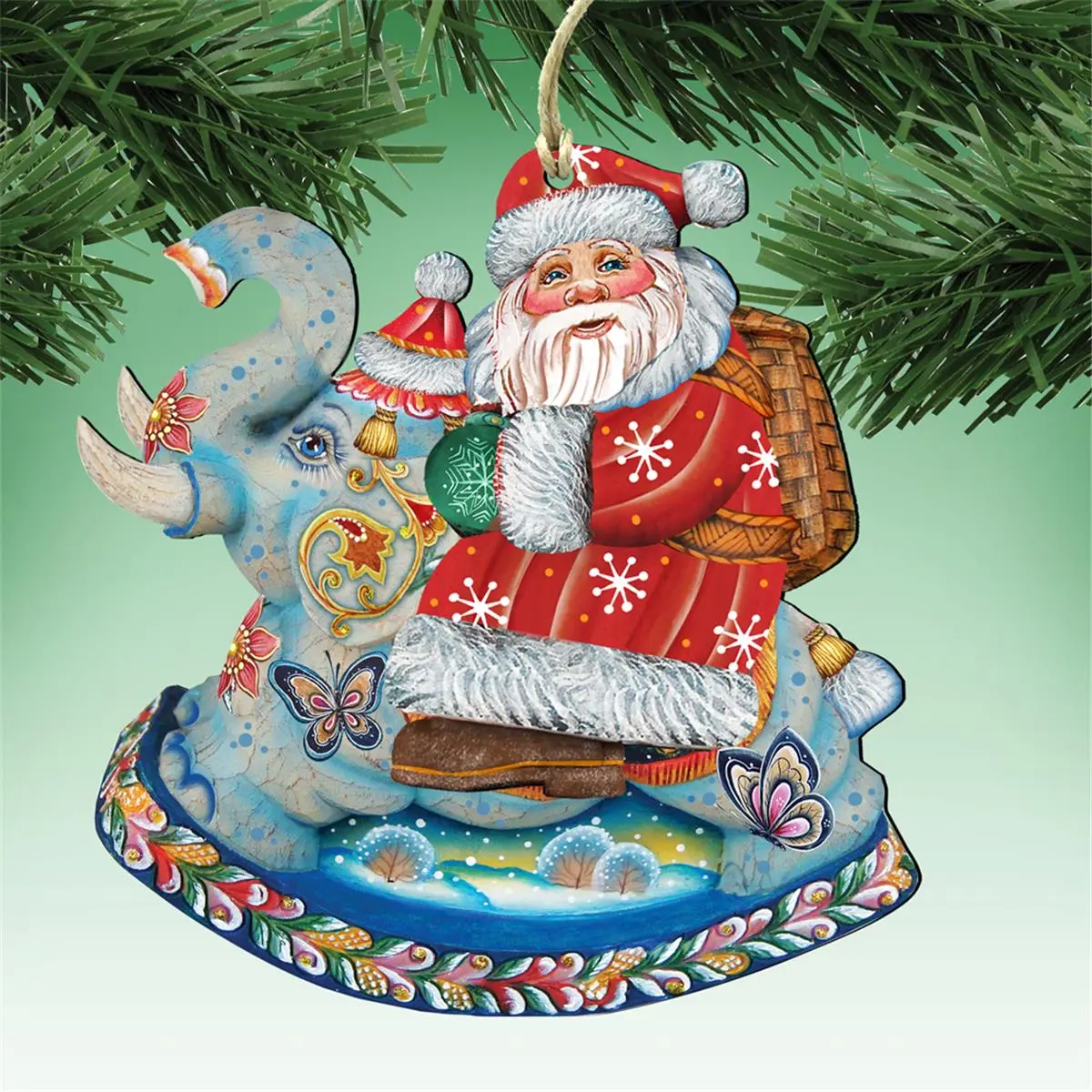 G.DeBrekht 8111380 Santa on Elephant Wooden Christmas Ornament Set of 2
