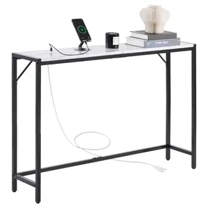 Marble Console Table, Modern Narrow Long Console Table With Built-In Power Outlet, USB Charging Port, Ideal For Living Room, Hallway, Or Entryway Decor, Durable Metal Frame, Smooth Scratch-Resistant Marble Finish